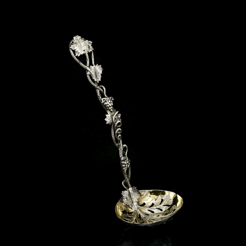 Antique Victorian Solid Sterling Silver Sugar Sifter Spoon with Grape Vine Design - Taylor & Perry 1853 View V