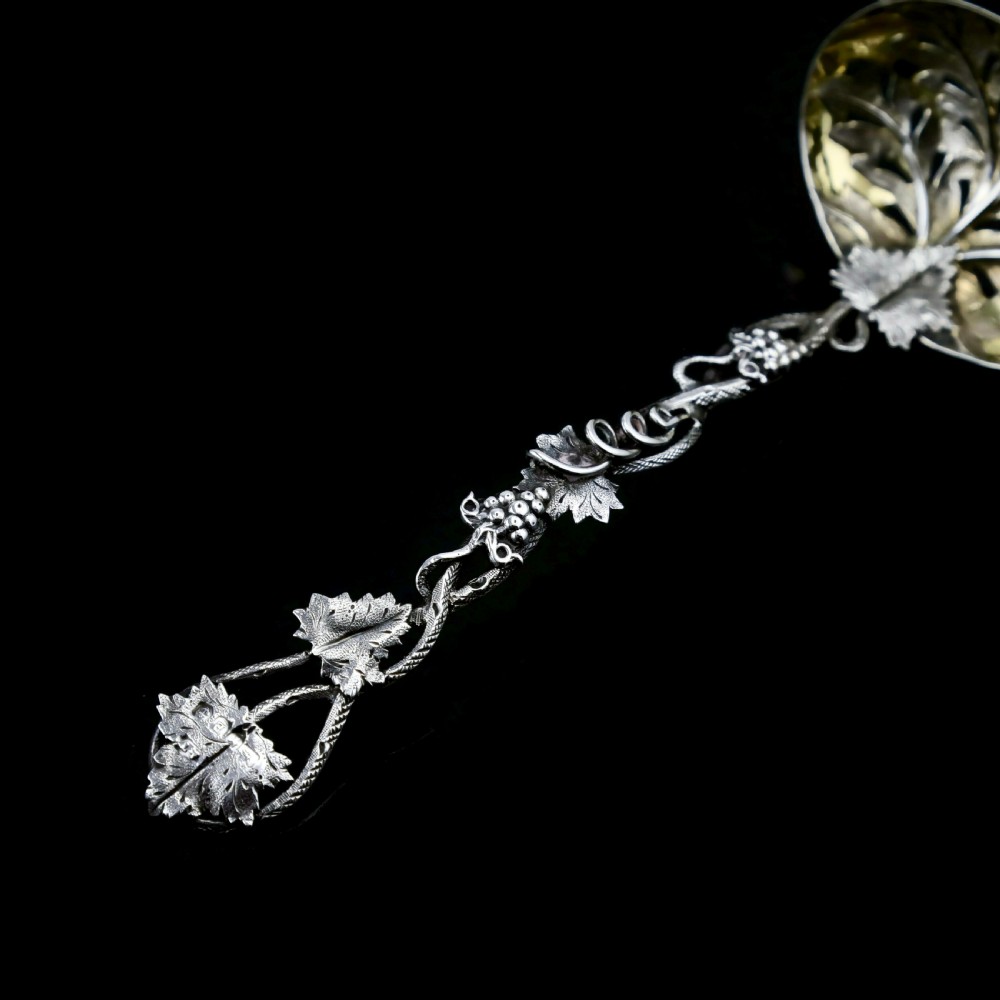 Antique Victorian Solid Sterling Silver Sugar Sifter Spoon with Grape Vine Design - Taylor & Perry 1853 View VII
