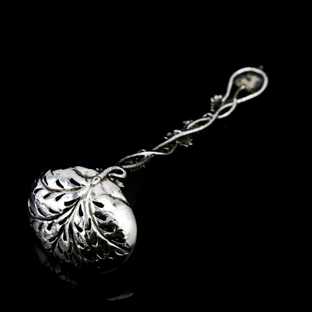 Antique Victorian Solid Sterling Silver Sugar Sifter Spoon with Grape Vine Design - Taylor & Perry 1853 View IX