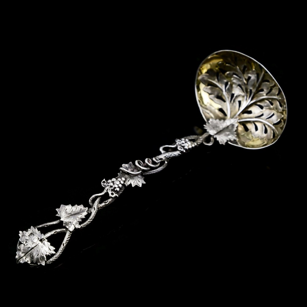Antique Victorian Solid Sterling Silver Sugar Sifter Spoon with Grape Vine Design - Taylor & Perry 1853 View XII