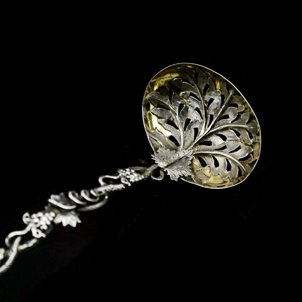 Antique Victorian Solid Sterling Silver Sugar Sifter Spoon with Grape Vine Design - Taylor & Perry 1853 View XIII