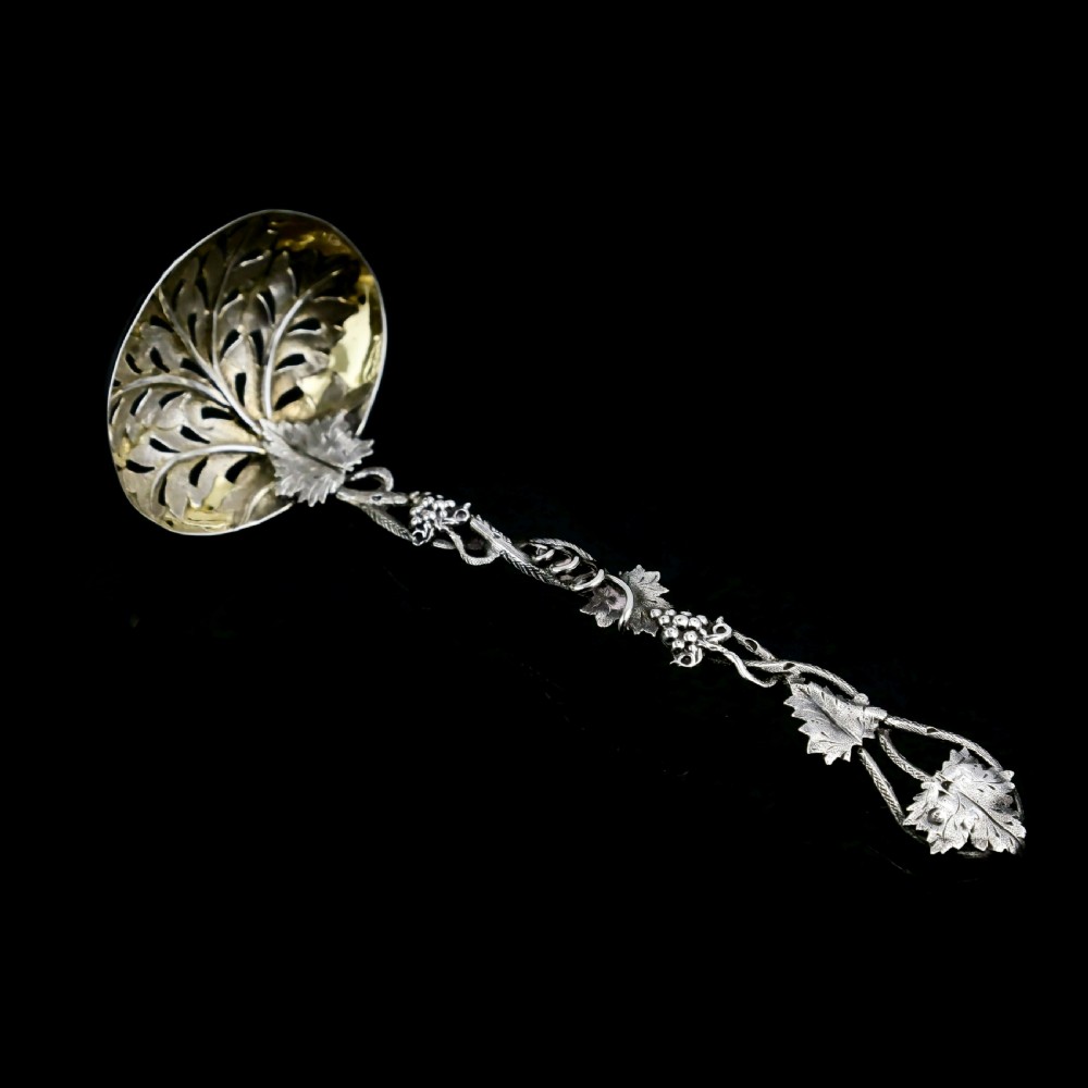 Antique Victorian Solid Sterling Silver Sugar Sifter Spoon with Grape Vine Design - Taylor & Perry 1853 View XIV