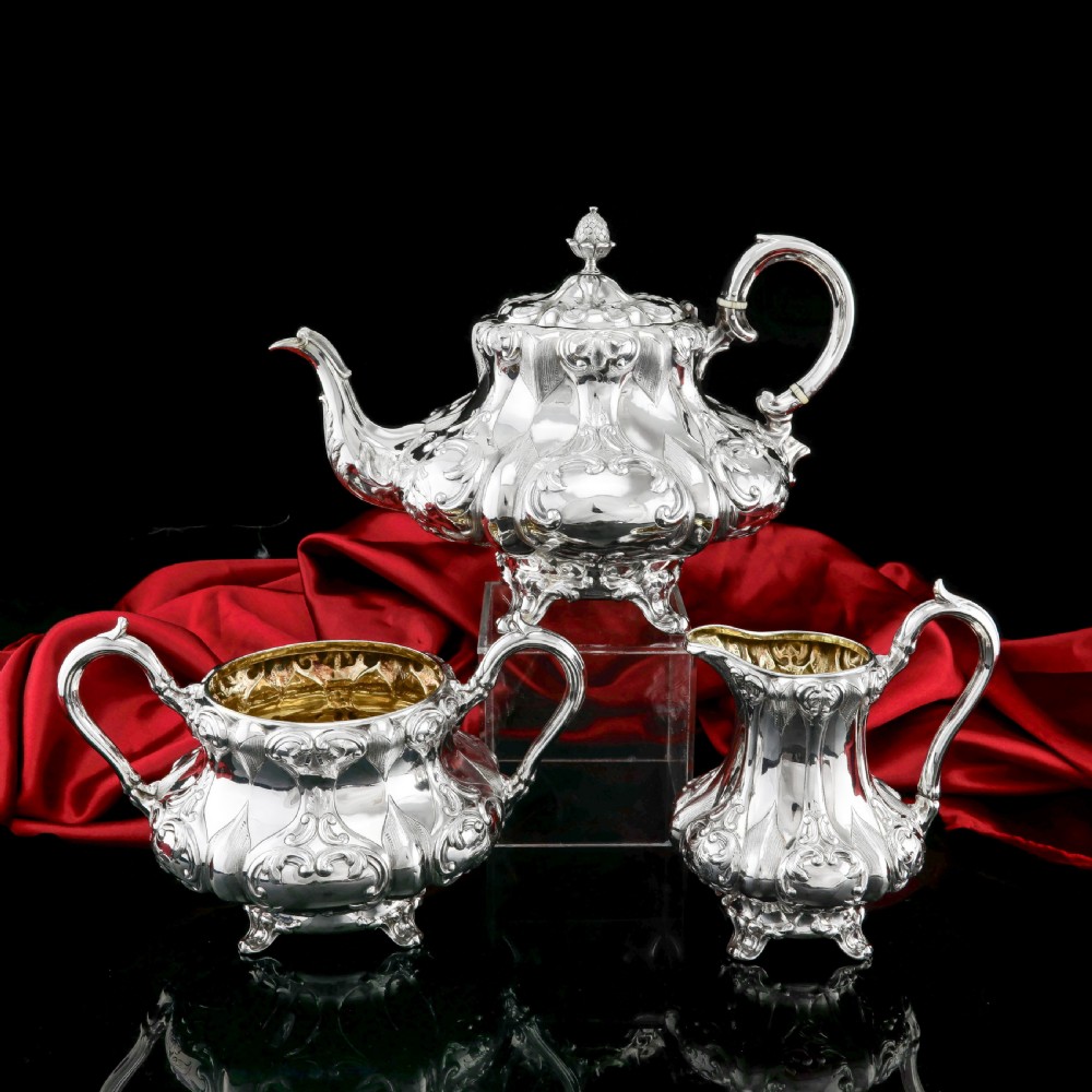 Antique Solid Silver Victorian Tea Set with Beautiful Chased Decoration - Roberts & Slater 1849 View II
