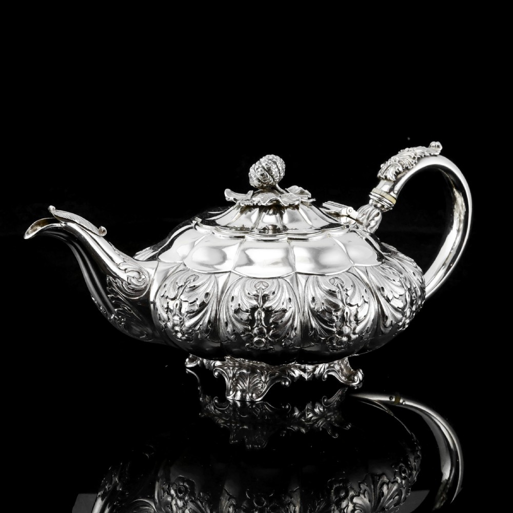 Antique Solid Silver Georgian Tea Set, 'Melon Shaped' with Floral Chasing - Robert Hennell 1826 View III