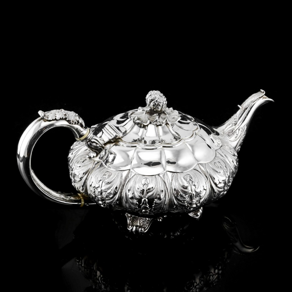 Antique Solid Silver Georgian Tea Set, 'Melon Shaped' with Floral Chasing - Robert Hennell 1826 View IV