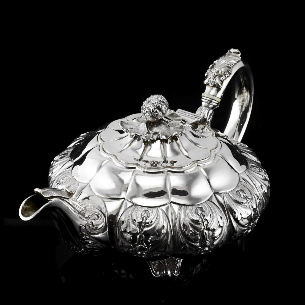 Antique Solid Silver Georgian Tea Set, 'Melon Shaped' with Floral Chasing - Robert Hennell 1826 View V