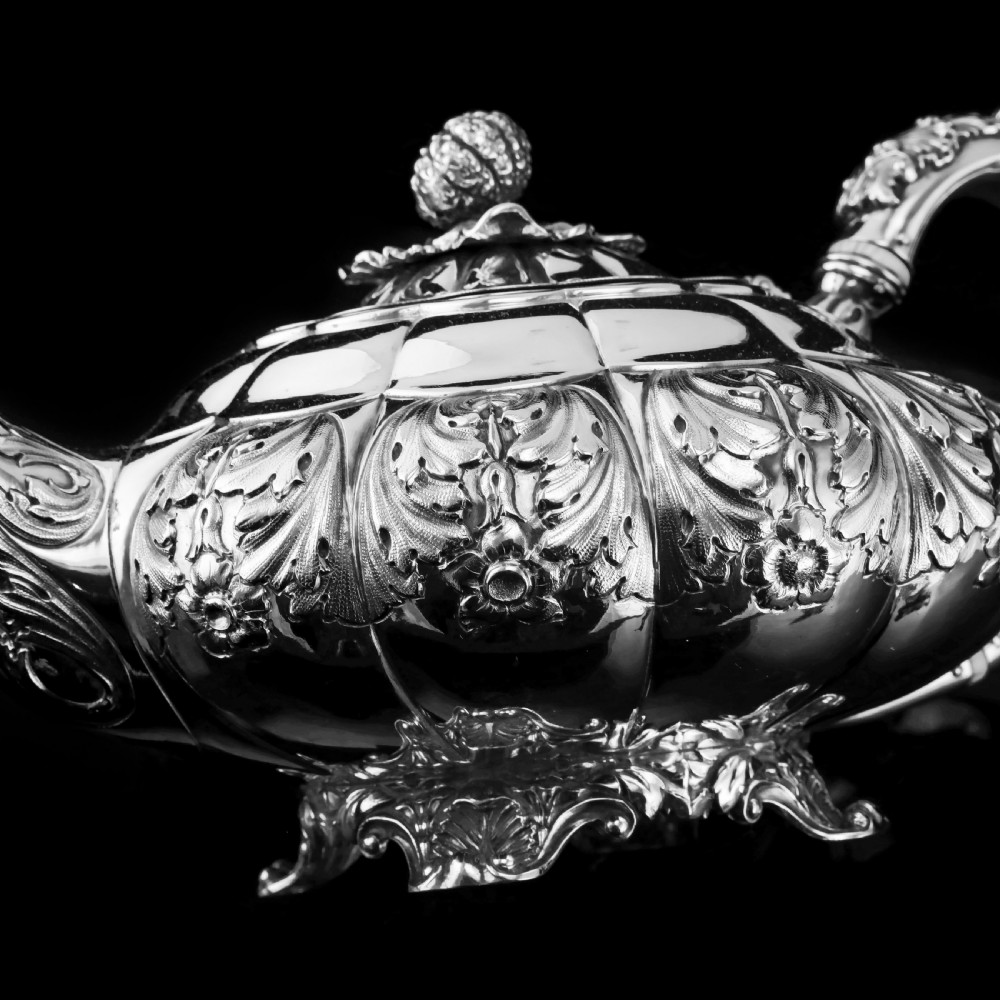 Antique Solid Silver Georgian Tea Set, 'Melon Shaped' with Floral Chasing - Robert Hennell 1826 View IX