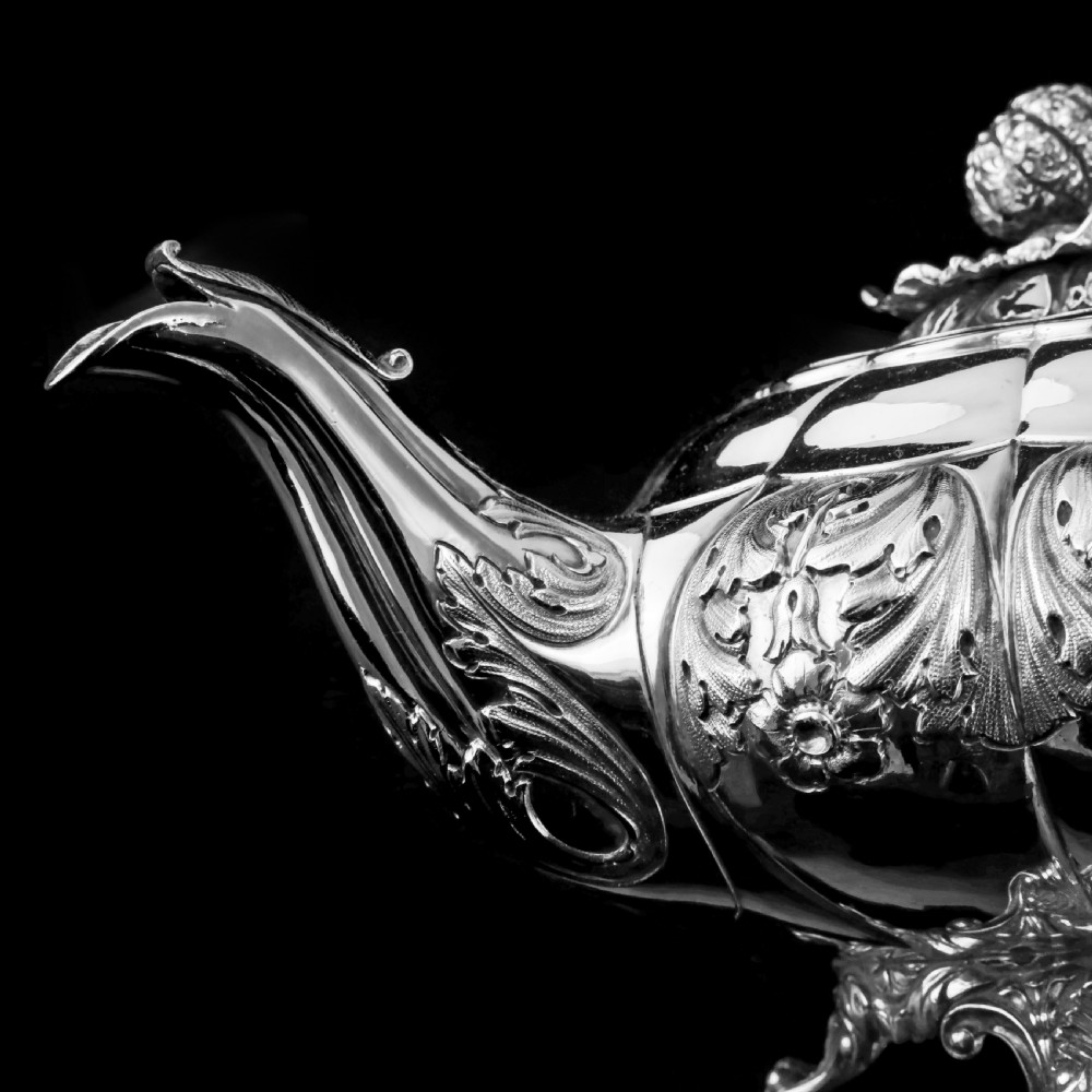 Antique Solid Silver Georgian Tea Set, 'Melon Shaped' with Floral Chasing - Robert Hennell 1826 View X