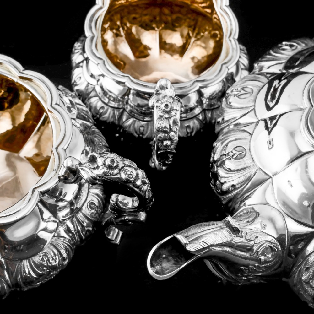 Antique Solid Silver Georgian Tea Set, 'Melon Shaped' with Floral Chasing - Robert Hennell 1826 View XXV