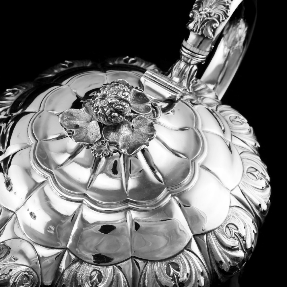 Antique Solid Silver Georgian Tea Set, 'Melon Shaped' with Floral Chasing - Robert Hennell 1826 View XXVI