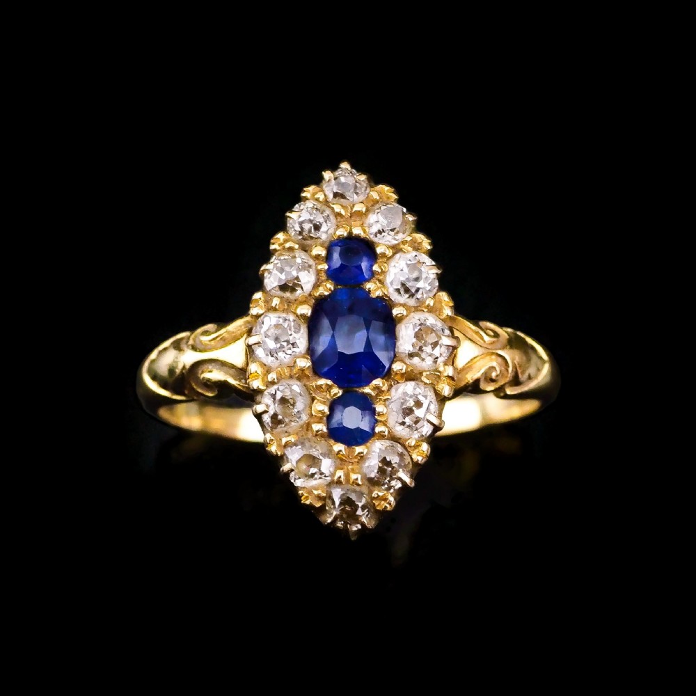 A Marvellous Victorian 18K Gold Sapphire & Diamond Navette Ring