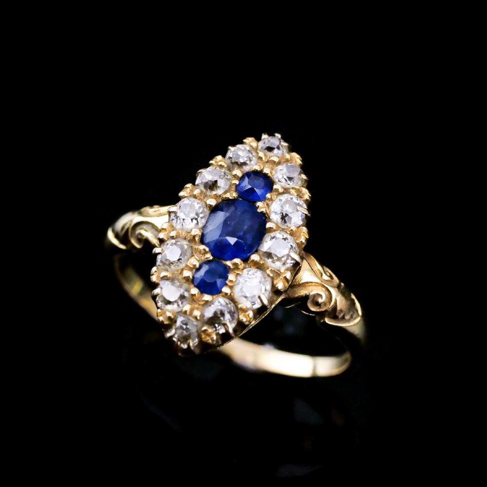 A Marvellous Victorian 18K Gold Sapphire & Diamond Navette Ring View II