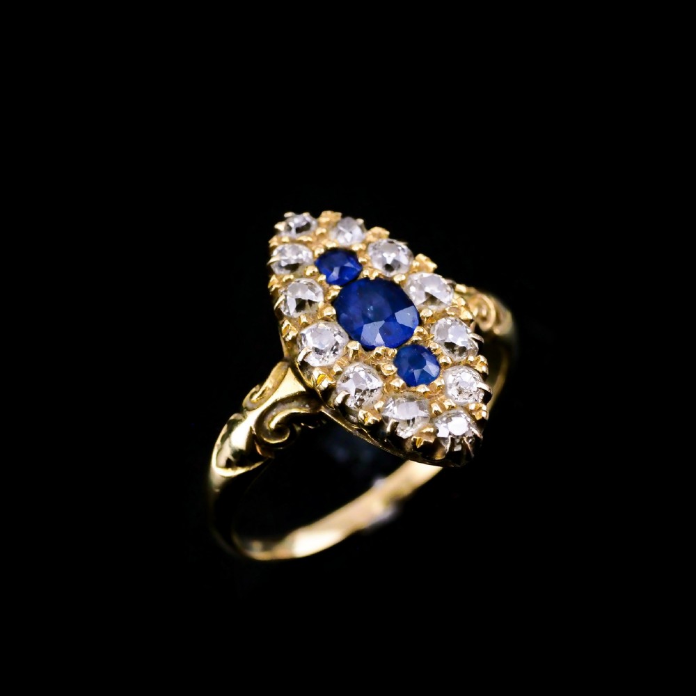 A Marvellous Victorian 18K Gold Sapphire & Diamond Navette Ring View III
