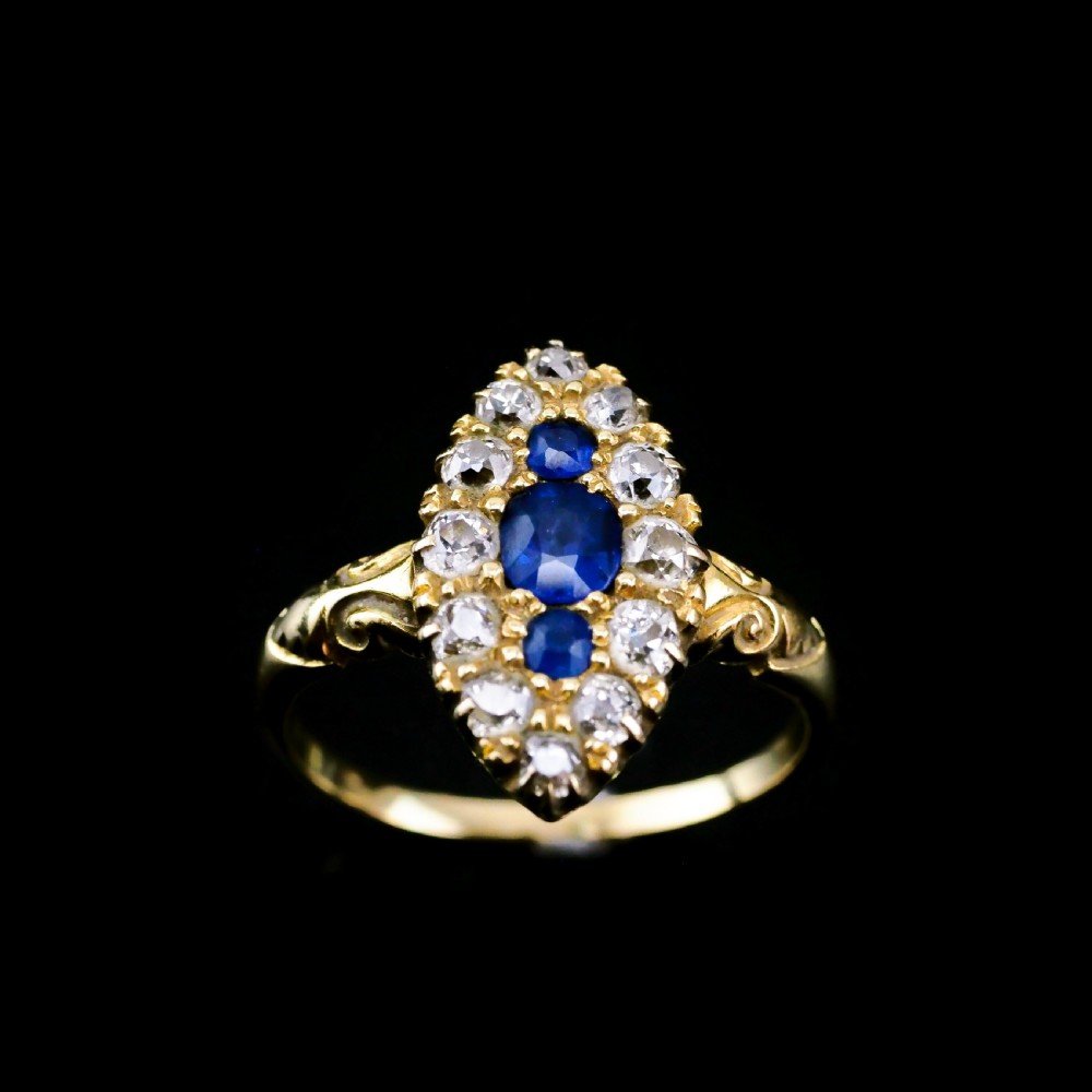 A Marvellous Victorian 18K Gold Sapphire & Diamond Navette Ring View IV
