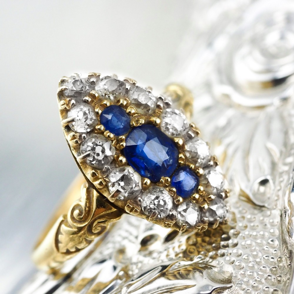 A Marvellous Victorian 18K Gold Sapphire & Diamond Navette Ring View X