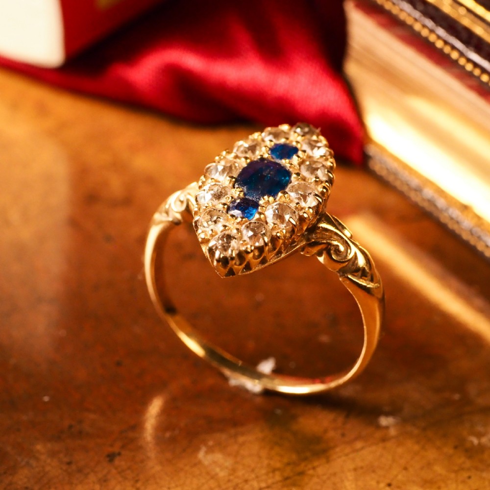 A Marvellous Victorian 18K Gold Sapphire & Diamond Navette Ring View XI
