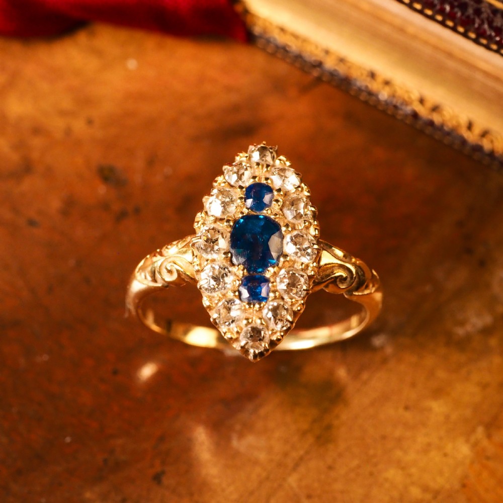 A Marvellous Victorian 18K Gold Sapphire & Diamond Navette Ring View XII