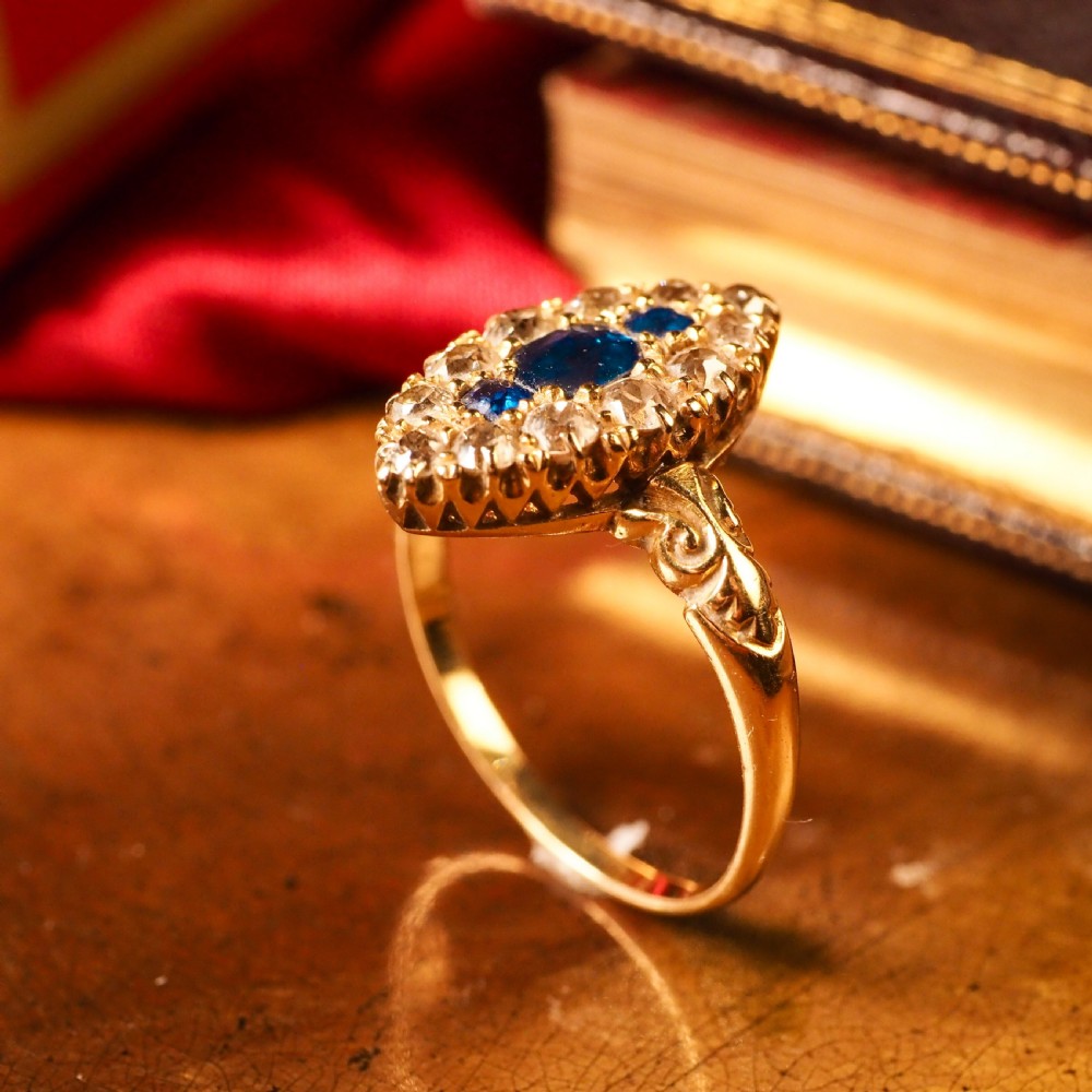 A Marvellous Victorian 18K Gold Sapphire & Diamond Navette Ring View XIII