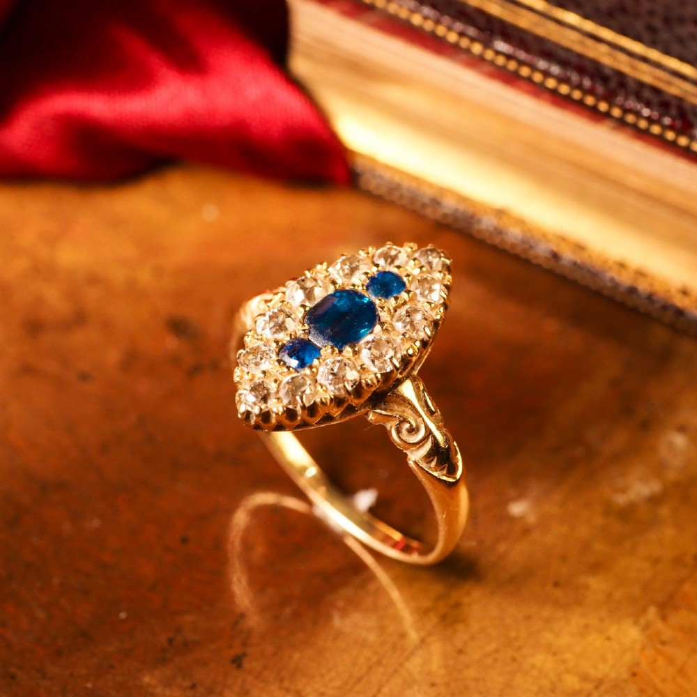 A Marvellous Victorian 18K Gold Sapphire & Diamond Navette Ring View XIV