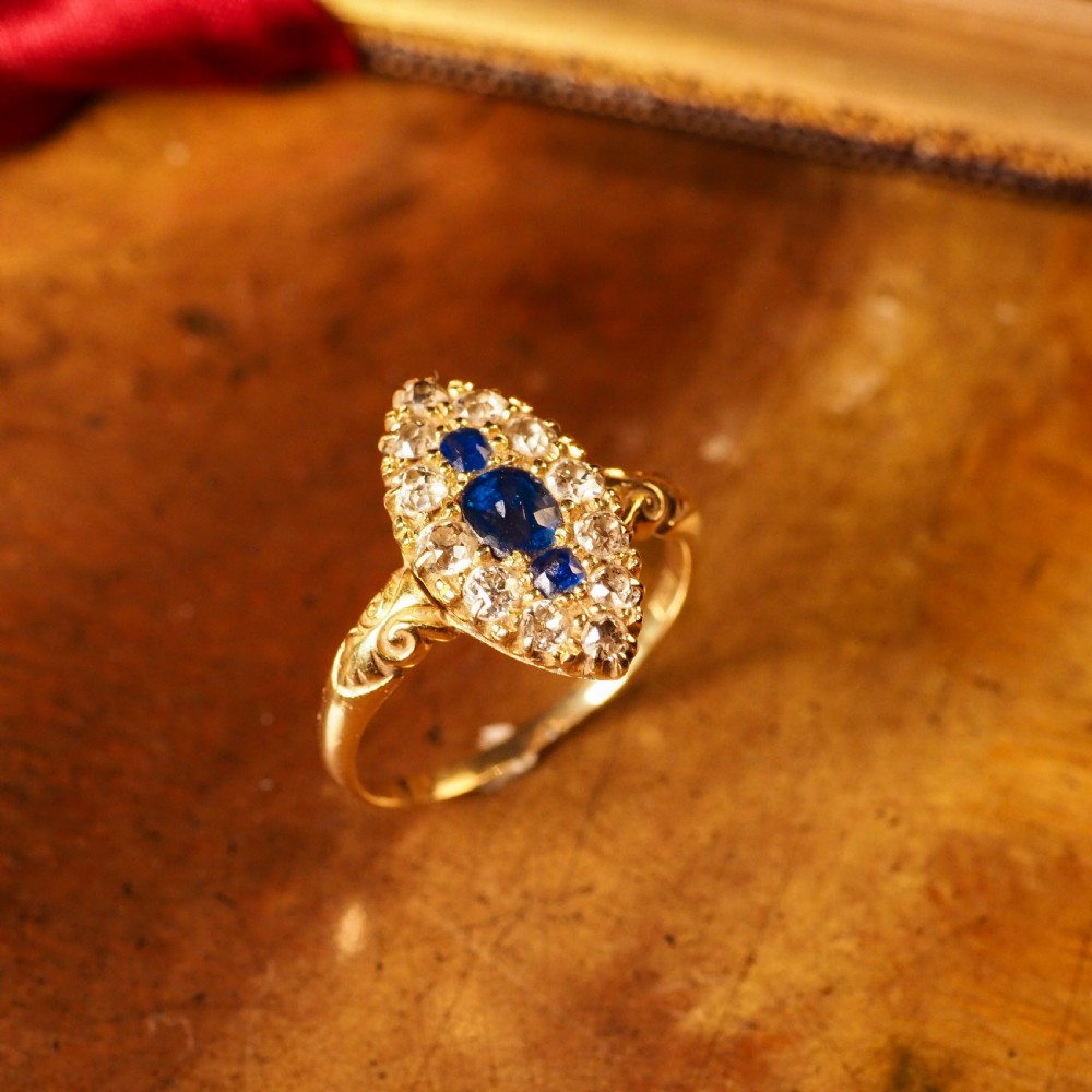 A Marvellous Victorian 18K Gold Sapphire & Diamond Navette Ring View XV