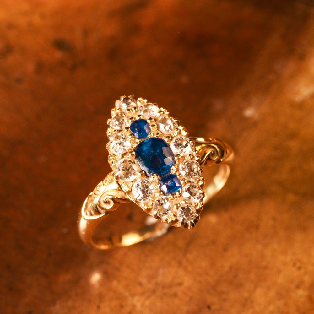 A Marvellous Victorian 18K Gold Sapphire & Diamond Navette Ring View XVI