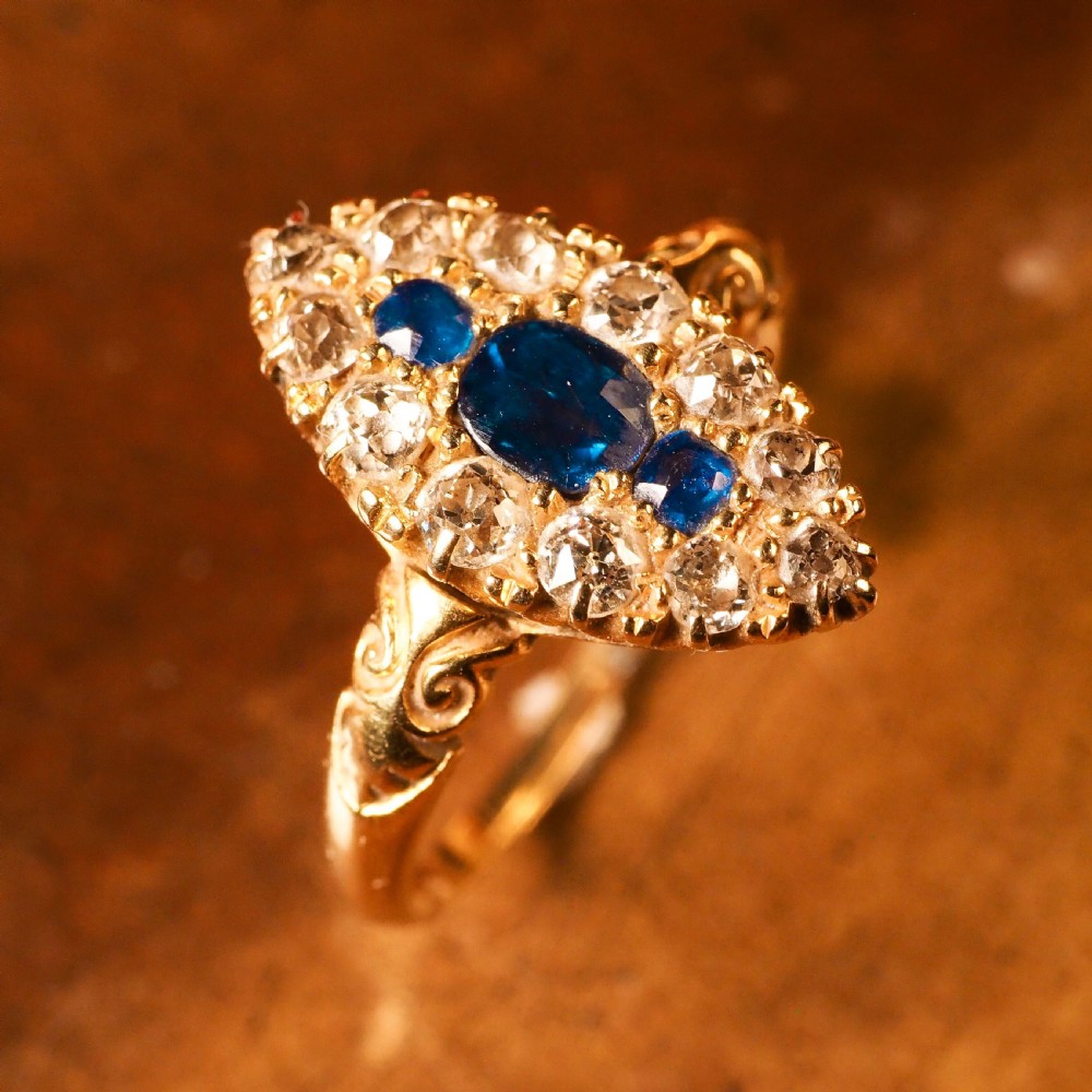 A Marvellous Victorian 18K Gold Sapphire & Diamond Navette Ring View XVII