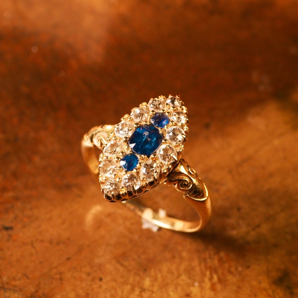A Marvellous Victorian 18K Gold Sapphire & Diamond Navette Ring View XVIII