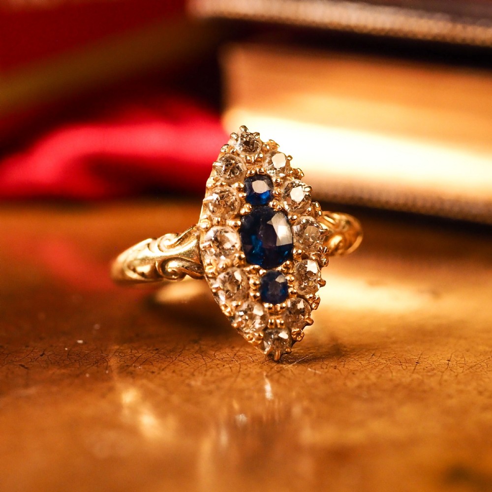 A Marvellous Victorian 18K Gold Sapphire & Diamond Navette Ring View XIX