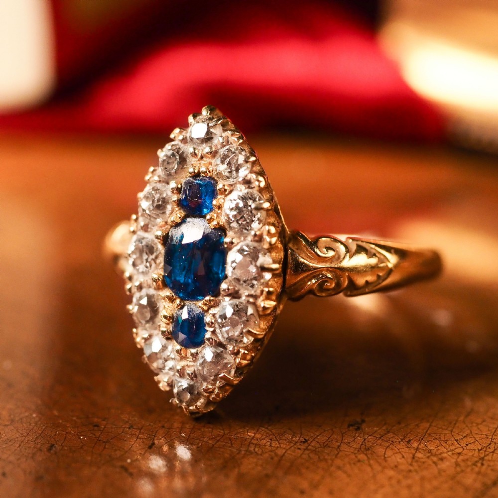 A Marvellous Victorian 18K Gold Sapphire & Diamond Navette Ring View XX