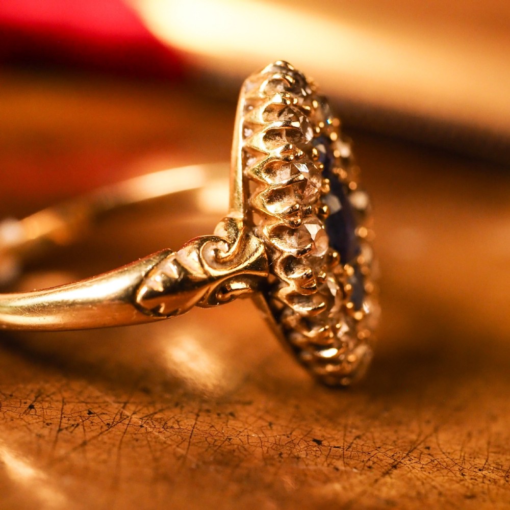 A Marvellous Victorian 18K Gold Sapphire & Diamond Navette Ring View XXI