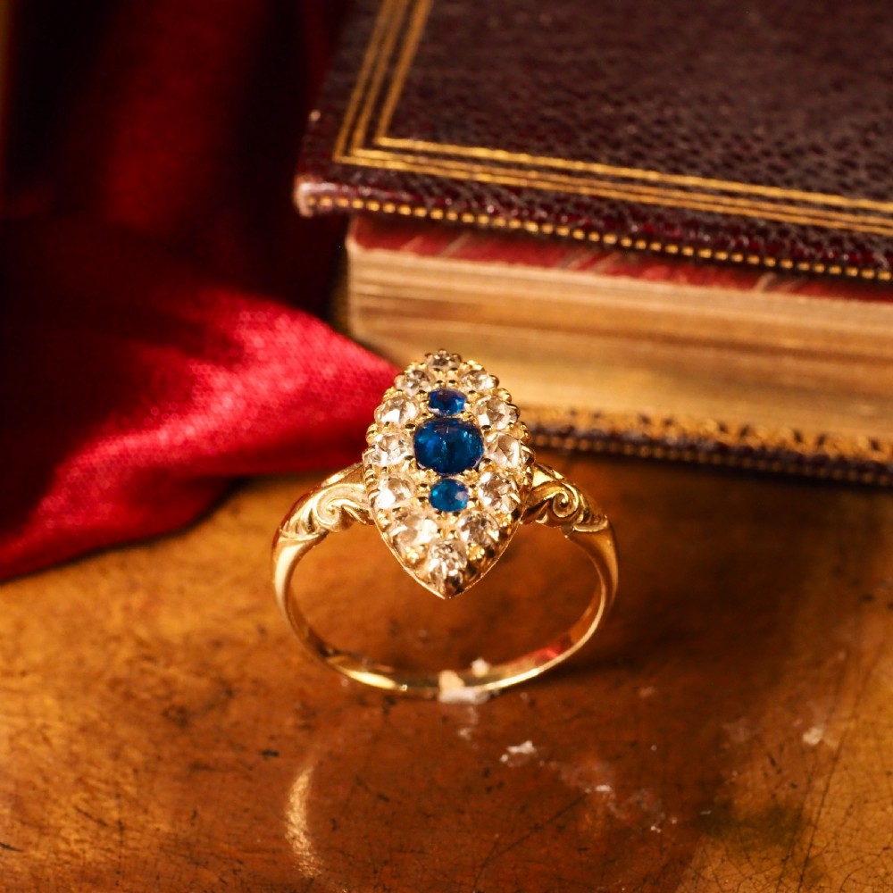 A Marvellous Victorian 18K Gold Sapphire & Diamond Navette Ring View XXII