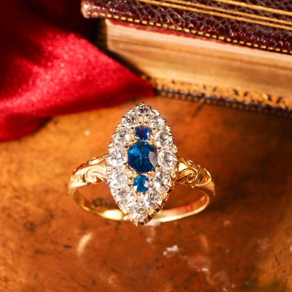 A Marvellous Victorian 18K Gold Sapphire & Diamond Navette Ring View XXIII