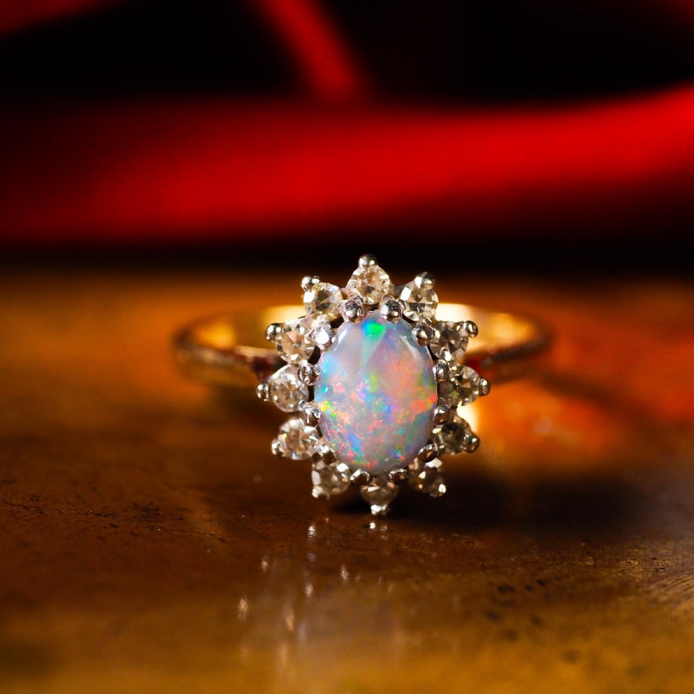 A Stunning Vintage 18K Gold Opal & Diamond Cluster Ring View III