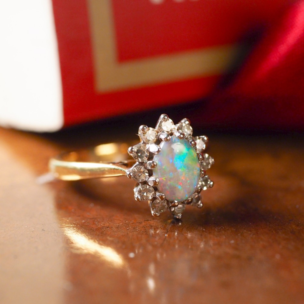 A Stunning Vintage 18K Gold Opal & Diamond Cluster Ring View IV