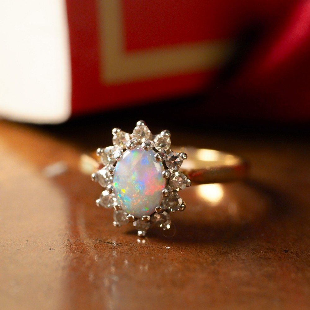 A Stunning Vintage 18K Gold Opal & Diamond Cluster Ring View V