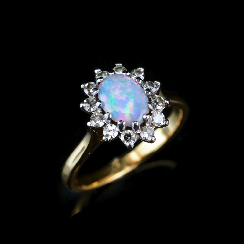 A Stunning Vintage 18K Gold Opal & Diamond Cluster Ring View VI