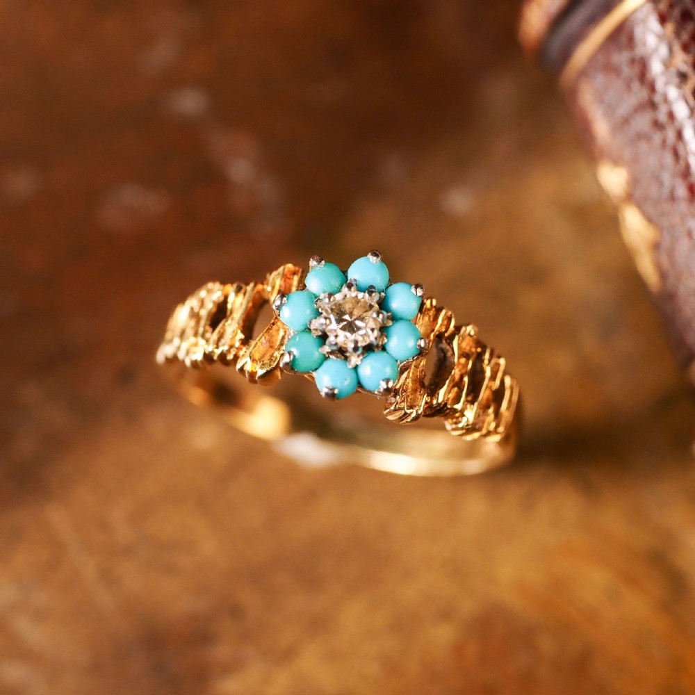 Vintage 18K Gold Turquoise & Diamond Cluster Ring View IV