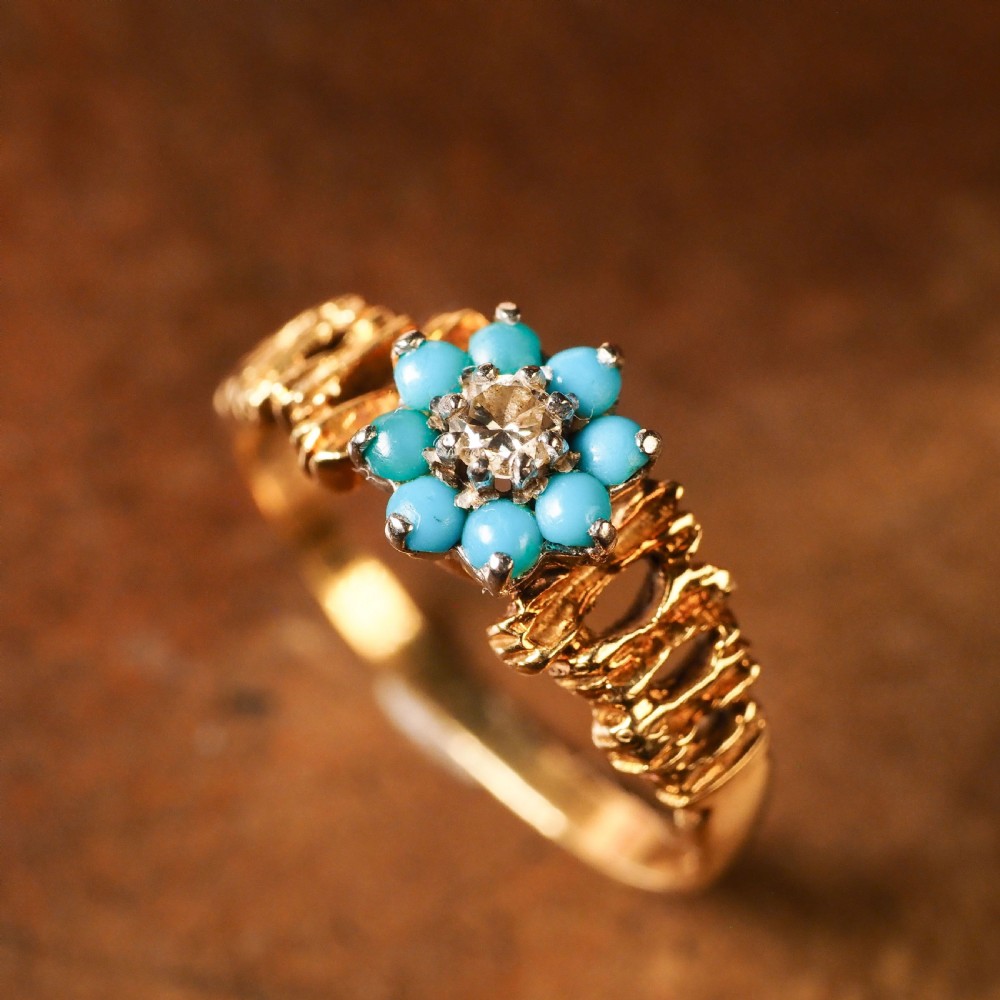 Vintage 18K Gold Turquoise & Diamond Cluster Ring View VI
