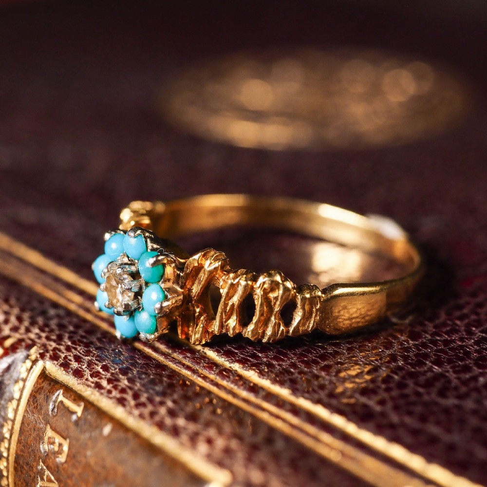 Vintage 18K Gold Turquoise & Diamond Cluster Ring View VIII