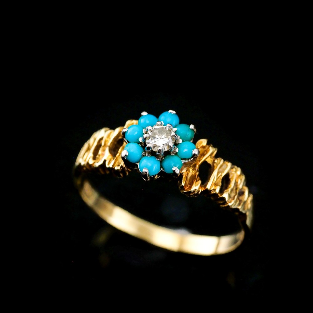 Vintage 18K Gold Turquoise & Diamond Cluster Ring View IX