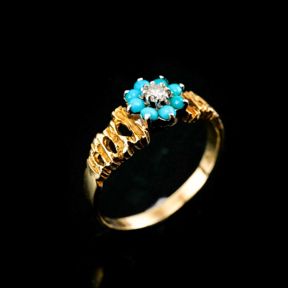 Vintage 18K Gold Turquoise & Diamond Cluster Ring View X