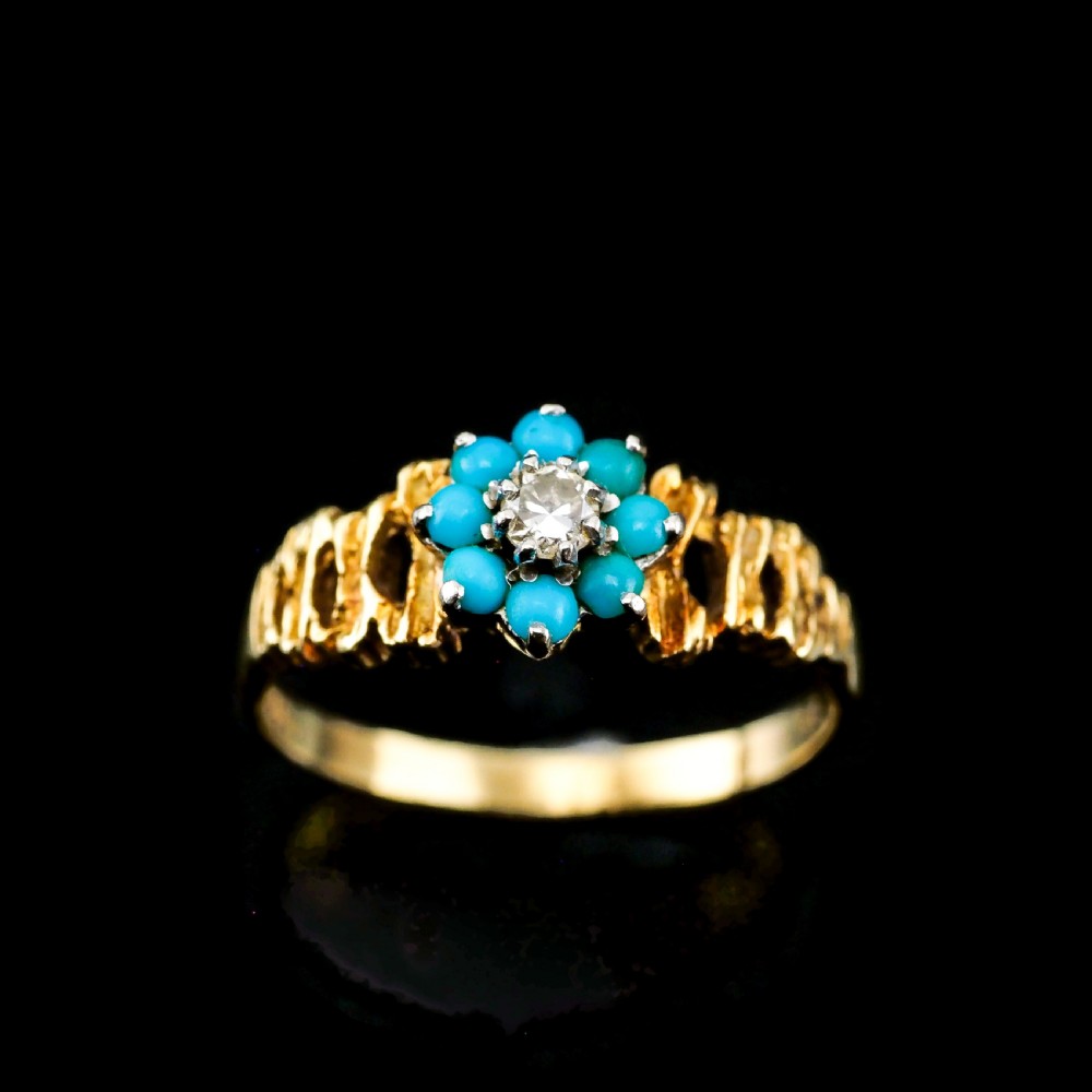 Vintage 18K Gold Turquoise & Diamond Cluster Ring View XI