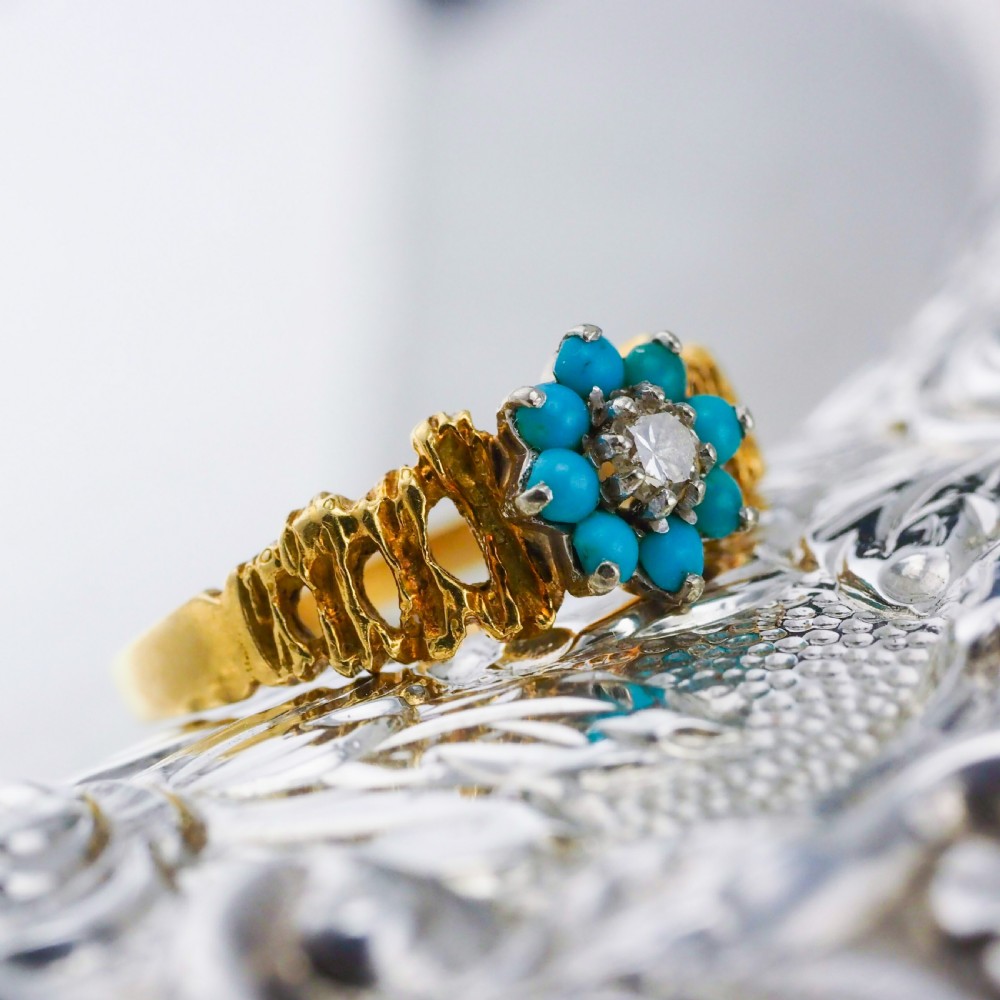 Vintage 18K Gold Turquoise & Diamond Cluster Ring View XIV