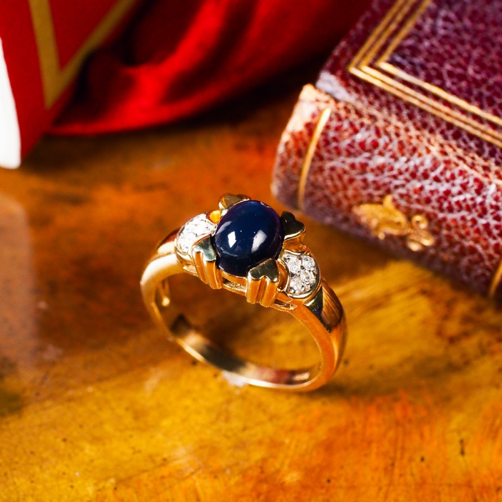 A Stylish Vintage 9K Gold Sapphire Cabochon and Diamond Ring View II