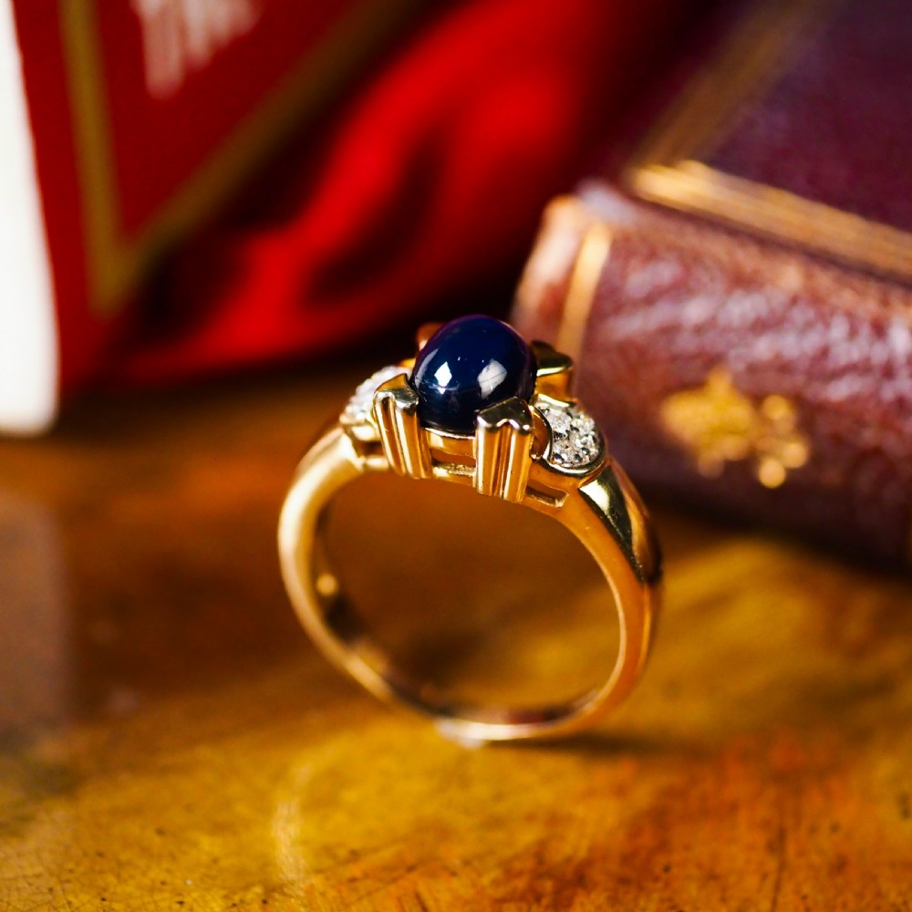 A Stylish Vintage 9K Gold Sapphire Cabochon and Diamond Ring View III