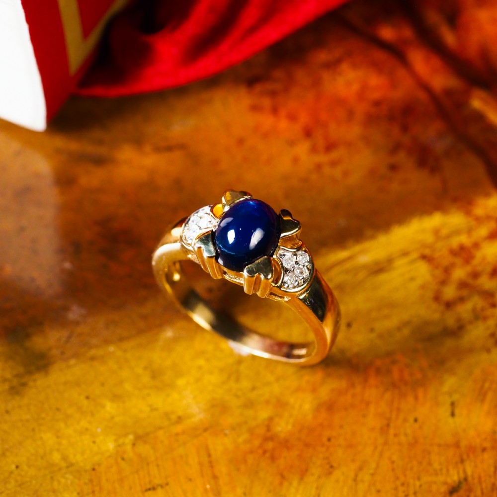 A Stylish Vintage 9K Gold Sapphire Cabochon and Diamond Ring View IV