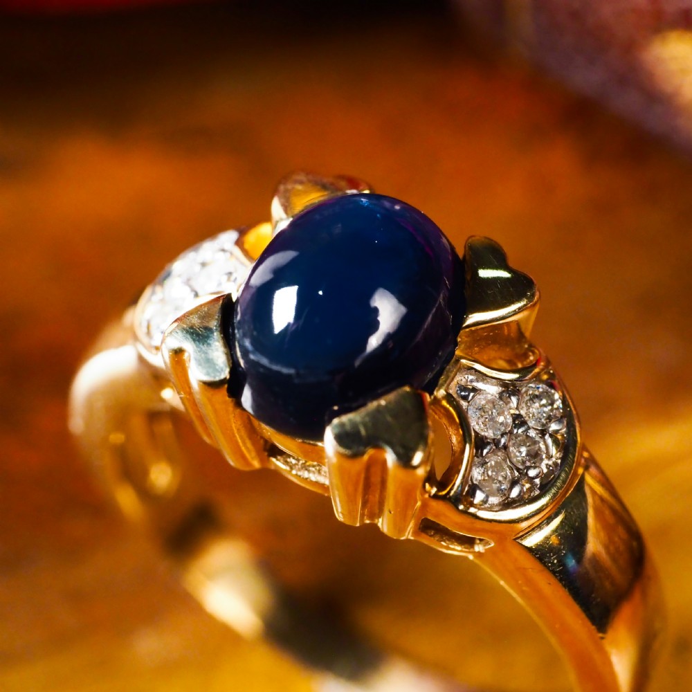 A Stylish Vintage 9K Gold Sapphire Cabochon and Diamond Ring View VI