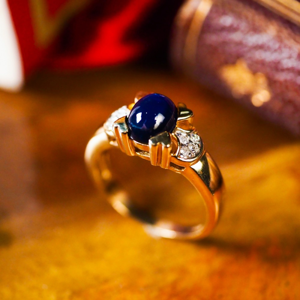 A Stylish Vintage 9K Gold Sapphire Cabochon and Diamond Ring View VII
