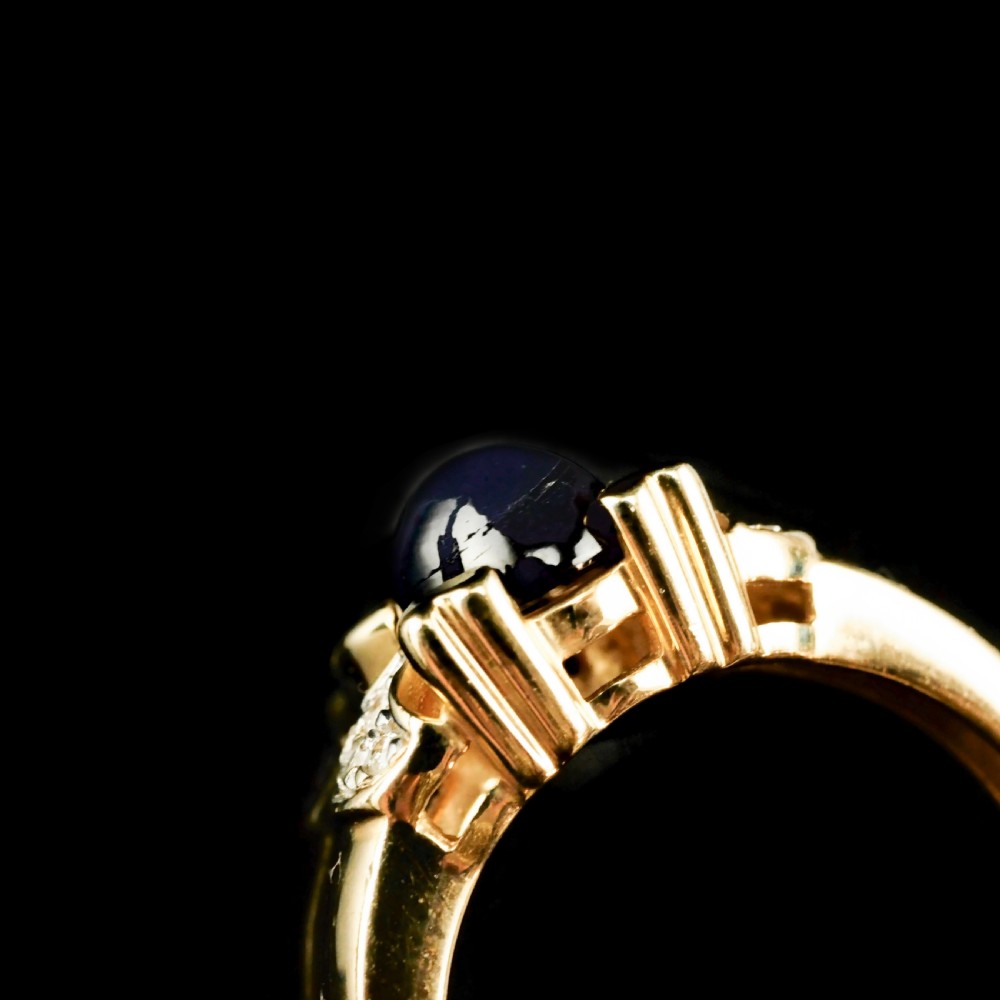 A Stylish Vintage 9K Gold Sapphire Cabochon and Diamond Ring View XIV