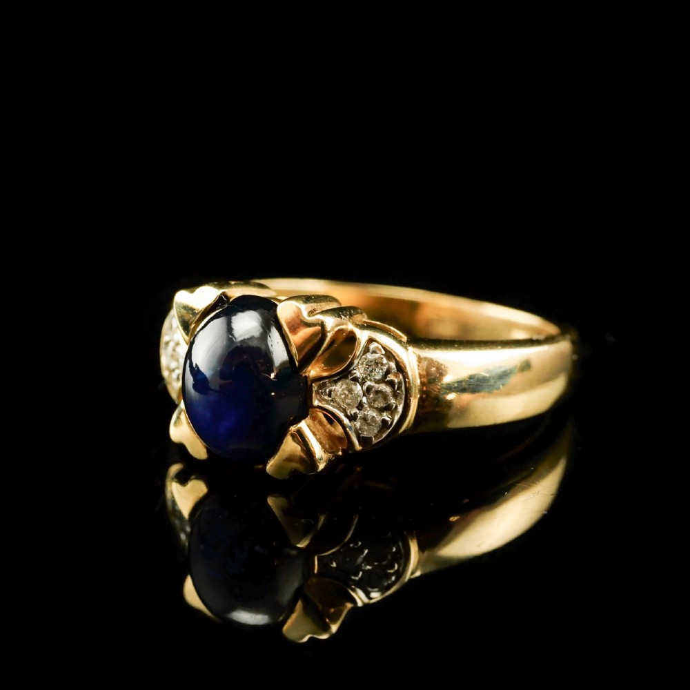 A Stylish Vintage 9K Gold Sapphire Cabochon and Diamond Ring View XV